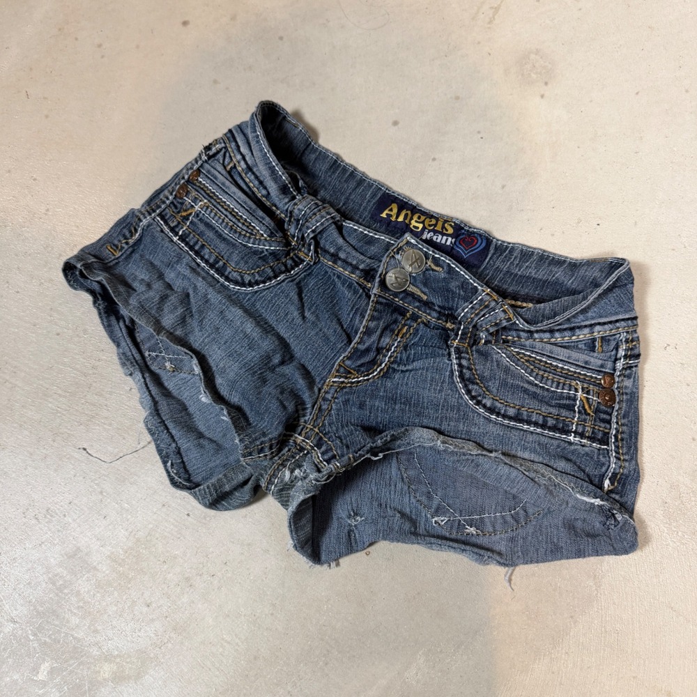 Angels Jeans Y2K Low Rise Denim Shorts Contrast Stitch Size 5 Blue Distressed